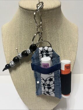 Handmade Soccer Print Lip Balm Keychain Holder in Blue